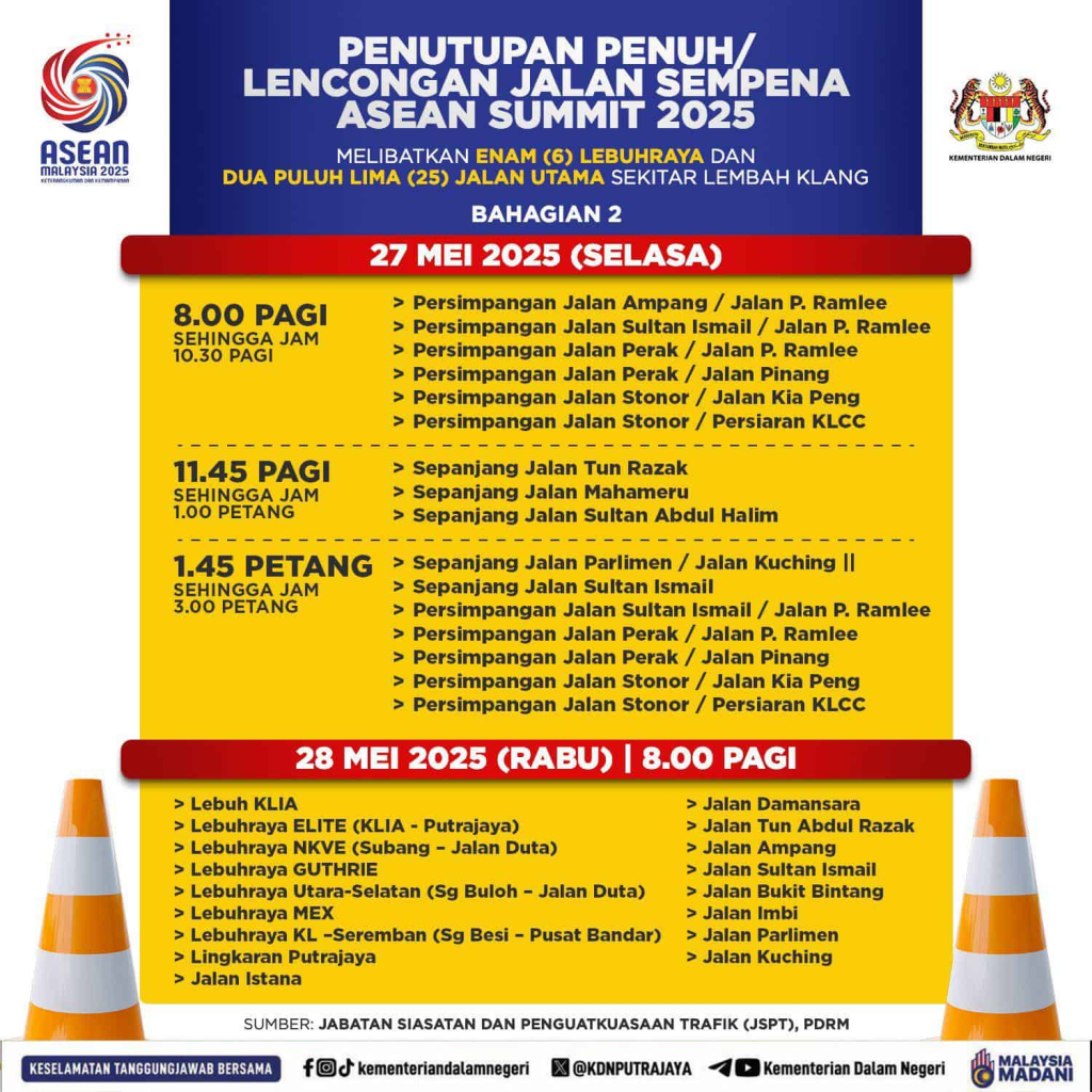 Heads Up! Ini Dia Senarai 6 Lebuhraya & 25 Jalan Sekitar KL Tutup Sempena Sidang Kemuncak ASEAN 2025