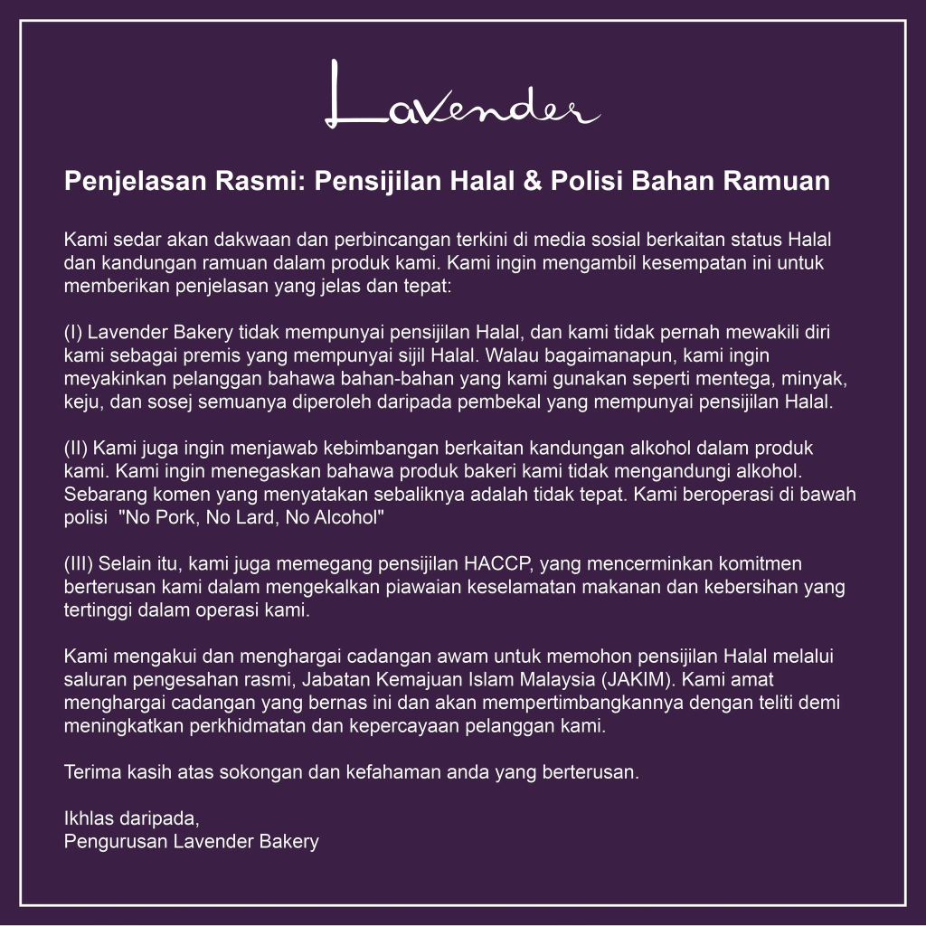 "Kami Tiada Sijil Halal JAKIM, Dan Tidak Pernah Dakwa Mempunyai Sijil Halal" - Lavender Bakery Jawab Isu Kek Mengandungi Alkohol